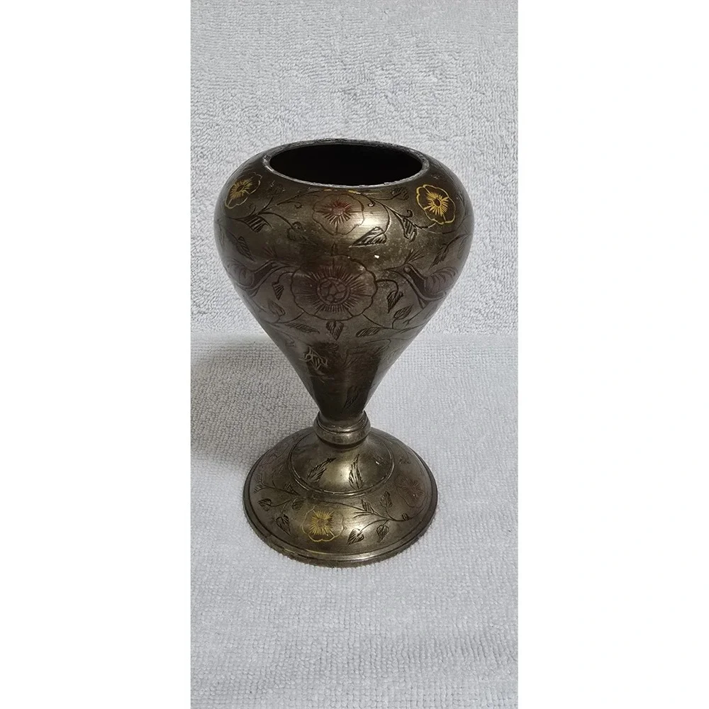 Vintage Hand Etched Solid Brass Pedestal Bud Vase Peacock Floral India 5